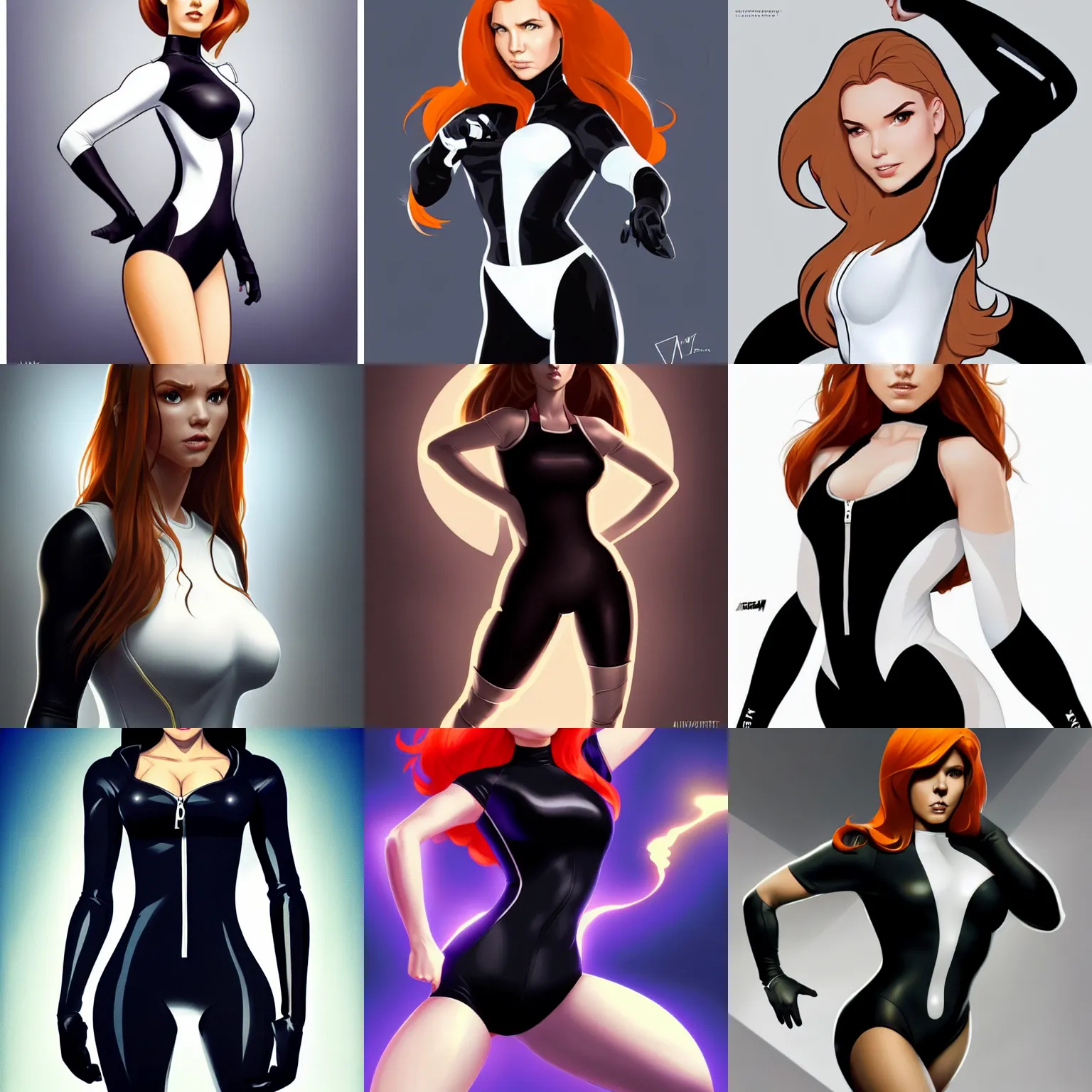 Prompt: striking character concept portrait, kim possible, wrists together, white leotard costume with zipper, curvaceous, defeated, game over. detailed, elegant, high quality, dark lighting, very high contrast with dark background, fantasy, reflective, spotlight. digital artwork by artgerm and wlop and alex ross and alphonse mucha, trending on artstation