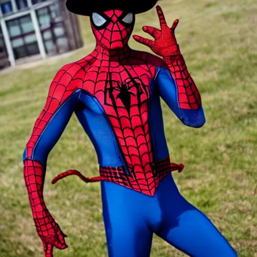 Image similar to spiderman dressed as a cowboy