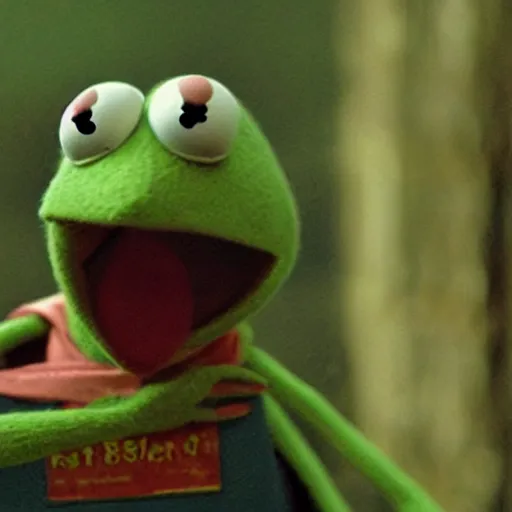 Prompt: a still of kermit the frog in the blair witch project