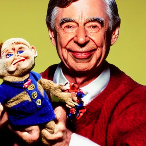 Image similar to photorealistic Mr. Rogers holding Chucky