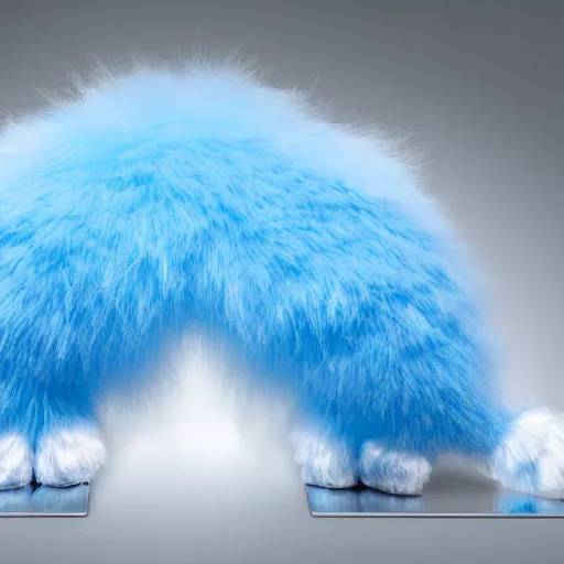 Prompt: nike fluffy monster made of very fluffy blue faux fur placed on reflective surface, nike logo, professional advertising, overhead lighting, heavy detail, realistic by nate vanhook, mark miner