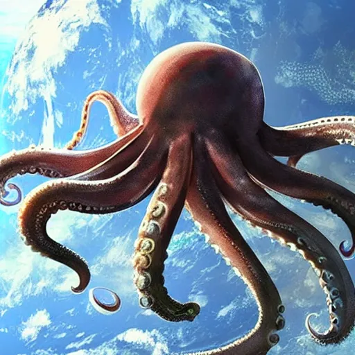 Image similar to huge octopus is on top of the small planet earth in space artstation realistic,