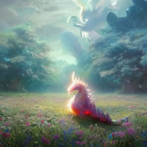 Prompt: beautiful digital fantasy illustration of a closeup adorable giant fluffy feathered sparkling pearlescent pastel dragon sitting alone in a flower meadow, concept art by greg rutkowski, anato finnstark, and rebecca guay, highly detailed, soft lighting,Anton faadev, rendered in octane