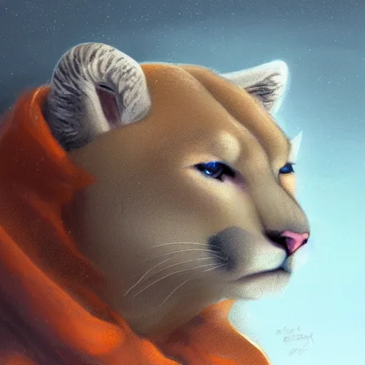 Prompt: aesthetic portrait commission of a albino male furry anthro mountain lion wearing a cute orange colored cozy soft pastel winter outfit, detailed face , hyperdetailed, autumn atmosphere. Character design by charlie bowater, ross tran, artgerm, and makoto shinkai, detailed, inked, western comic book art, 2021 award winning painting