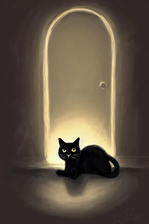 Prompt: beautiful black cat sitting next to a glowing doorway, by Lisa Parker, digital illustration, artstation, artstation hq, hd