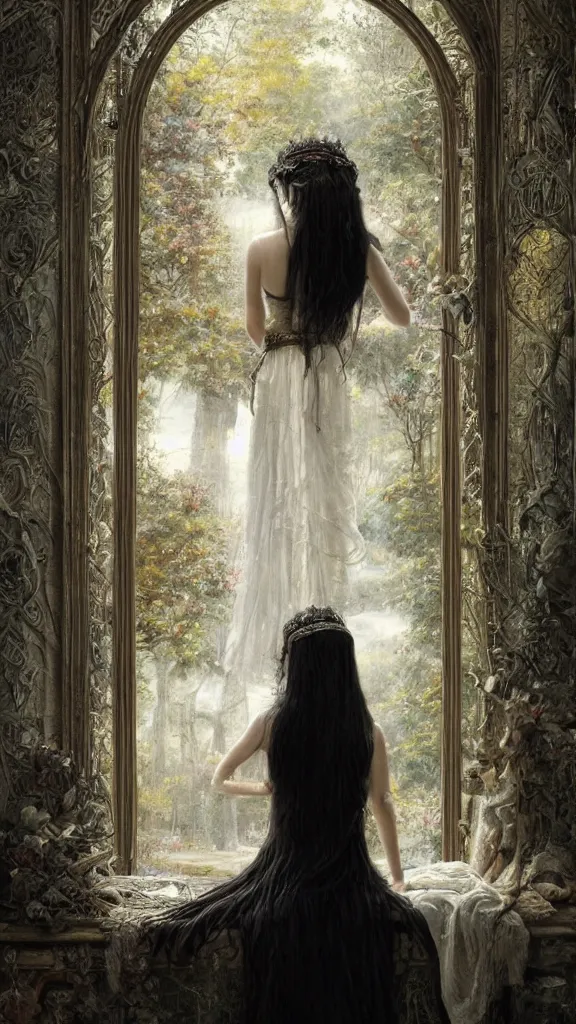 Image similar to secret view from behind wide mirror of a beautiful black haired woman with pale skin and a crown on her head sitted on an intricate metal throne, very deep stillness atmosphere, silence, dimension of still moment, spiritual feeling, digital art, by daniel ridgway knight