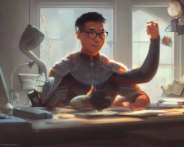 Image similar to an insanely detailed painting of a nerdy asian man wearing a superhero costume, sitting at a desk, staring at the nervously at the computer and typing, in the style of peter mohrbacher, dramatic lighting and composition, surreal background, octane render, pixar, trending on artstation, concept art, comic book, view from behind