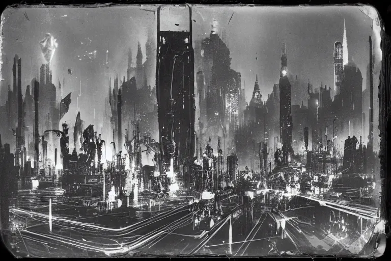 Image similar to cyberpunk 1 8 8 8 flocken elektrowagen by paul lehr, jesper esjing, metropolis, view over city, vintage film photo, damaged photo, scratched photo, scanned in, old photobook, silent movie, black and white photo