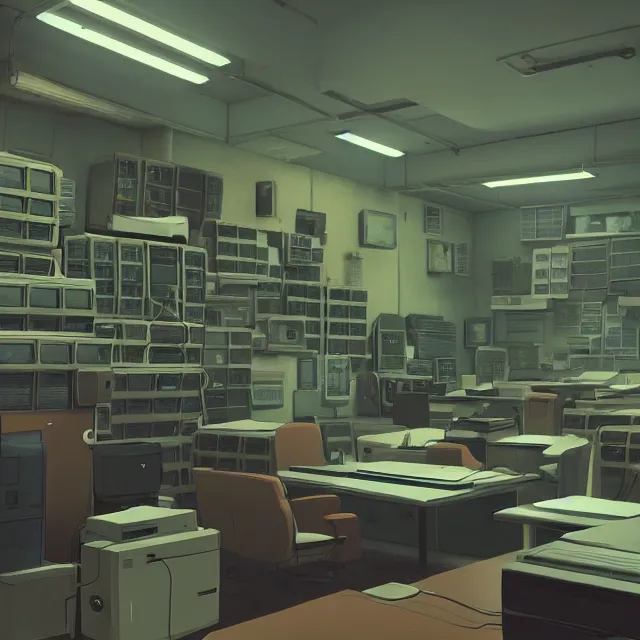 Prompt: an interior room with old pc computers stacked on the walls, makoto shinkai