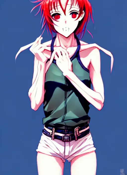 Prompt: style of madhouse anime, rei hiroe, loish, artgerm, joshua middleton, revy from black lagoon, symmetrical eyes and symmetrical face, jean shorts, white tank top, full body, action pose, on a boat, smirk on face, evening, natural lighting