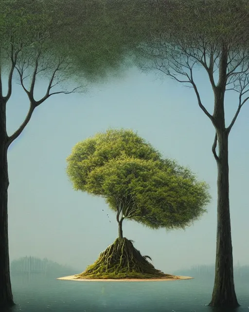 Image similar to a painting of a tree on a floating island, a surrealist painting by lee madgwick, deviantart, ecological art, oil on canvas, detailed painting, surrealist