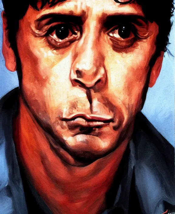 Image similar to headshot portrait. tony montana from movie scarface 1 9 8 3. al pacino, perfect symmetric face, coherent eyes, fine details., 4 k, ron cobb