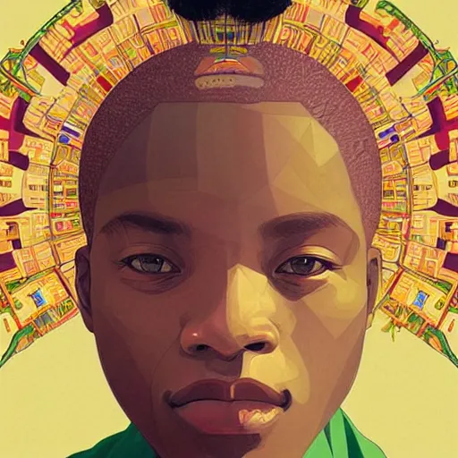 Image similar to colourful upper half portrait of an african boy - in japan graphic design illustration style, art by hsiao - ron cheng & alphonse mucha, highly detailed, digital painting, illustration, smooth, sharp focus, intricate, symmetry, pinterest, behance,