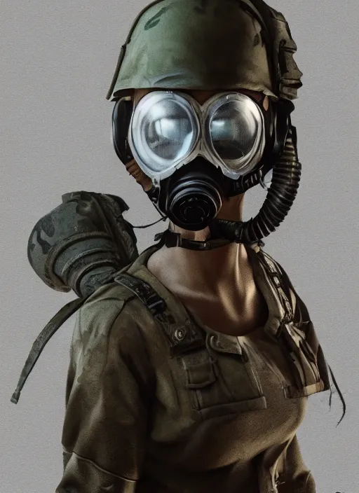 Prompt: A comic book style portrait painting of a female soldier wearing gasmask in a post apocalyptic setting, unreal 5, DAZ, hyperrealistic, octane render, RPG portrait, dynamic lighting