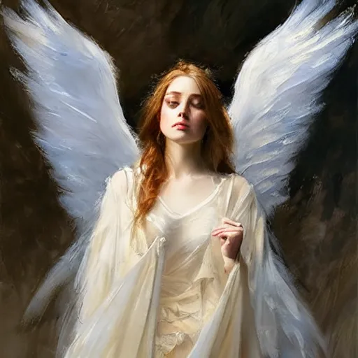 Image similar to a beautiful portrait of an angel with pretty face and her huge white wings spread out painted by gerhartz, highly detailed, beautiful, back lit, graceful and elegant, ethereal.