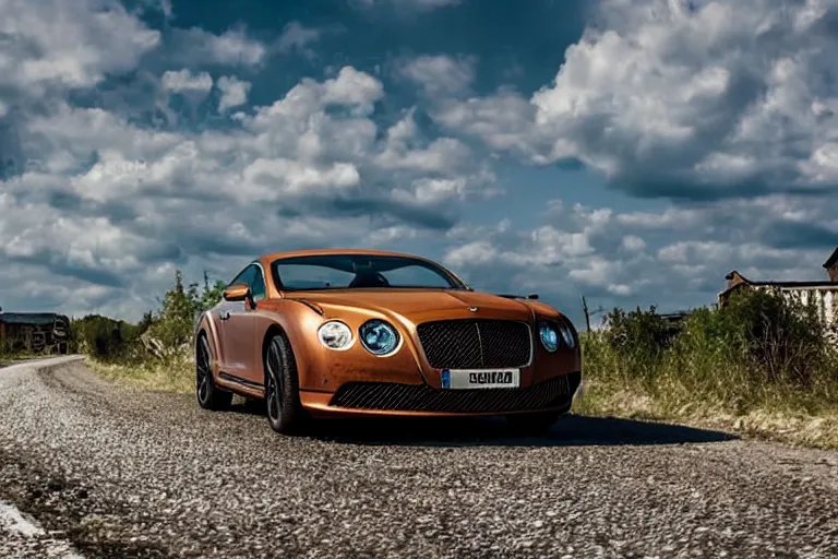 Image similar to modern rusty rusty Bentley Continental GT drives along the road of an old Russian village with houses at the edges