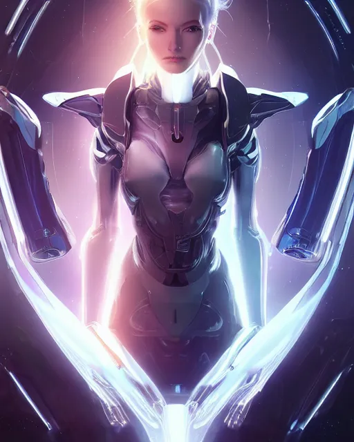 Image similar to perfect android girl on a mothership, warframe armor, beautiful face, scifi, futuristic, galaxy, nebula, raytracing, dreamy, long white hair, blue cyborg eyes, sharp focus, cinematic lighting, highly detailed, artstation, divine, by gauthier leblanc, kazuya takahashi, huifeng huang