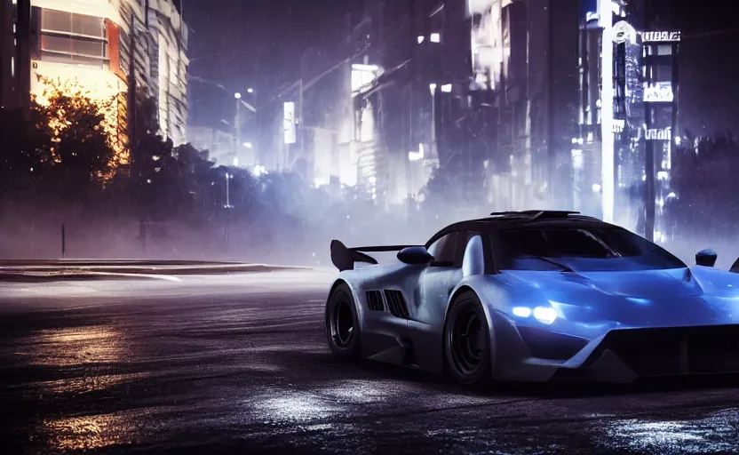 Image similar to a sport car in the streets at night whit blued headlights by Khyzyl Saleem, city landscape, stormy weather, atmospheric, trending artstaion, concept art, sharp focus, high detail, octane render, synth-wave