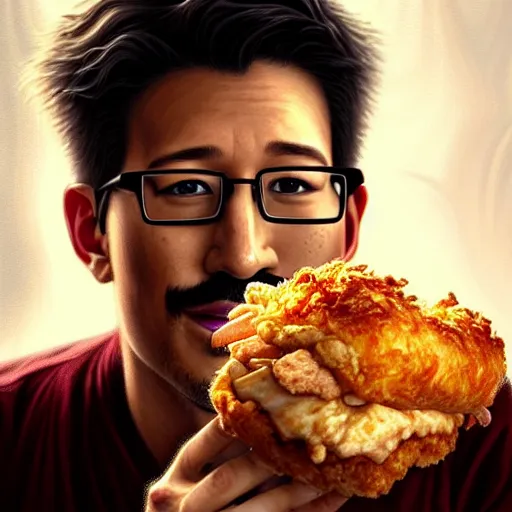 Prompt: Markiplier eating a KFC zinger, closeup, D&D style, fantasy, intricate, elegant, highly detailed, digital painting, artstation, concept art, matte, sharp focus, illustration, art by Artgerm and Greg Rutkowski and Alphonse Mucha