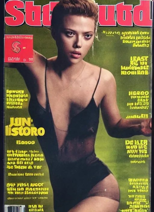 Prompt: photo of beautiful scarlett johannson on the cover of sports illustrated 1 9 7 0 by mario testino, detailed, vintage 1 9 7 0 print, sony a 7 r