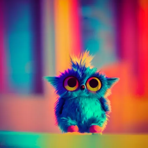 Image similar to a cute colorful furby, photography, golden hour, bokeh, colorful, saturated, cinematic lighting, volumetric light