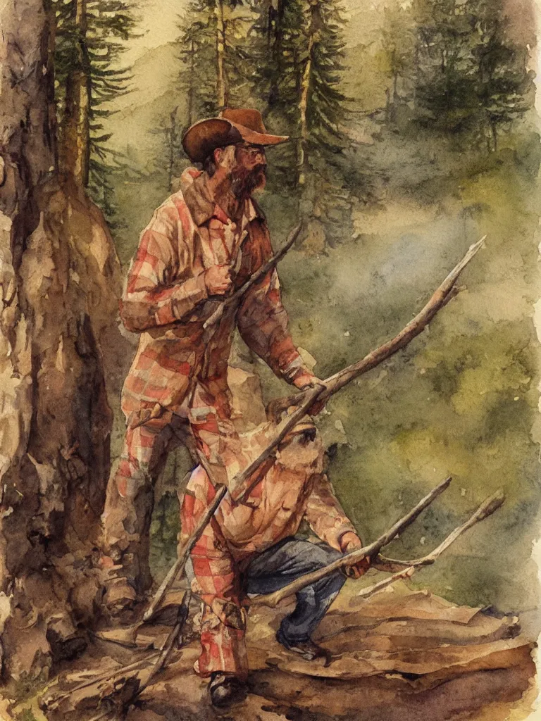 Image similar to a watercolor painting of a man wearing lumberjack clothes and holding a axe by william turner, forest in the background, warm colors, anatomically correct, five fingers, realistic and defined face, realistic, digital painting, masterpiece, watercolor, william turner, symmetrical, low contrast, warm