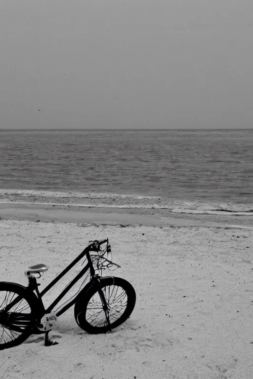 Prompt: a 1984 bike outside on the beach, In the style of John Baldessari.