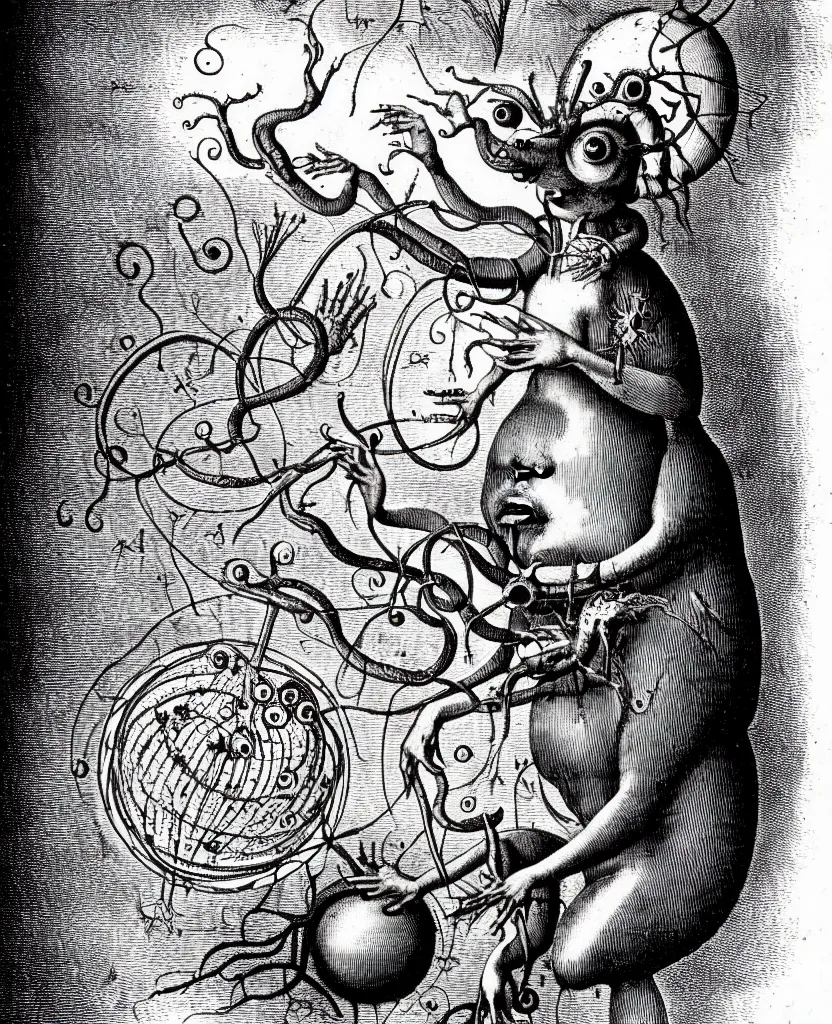 Image similar to whimsical freaky creature sings a unique canto about'as above so below'being ignited by the spirit of haeckel and robert fludd, breakthrough is iminent, glory be to the magic within