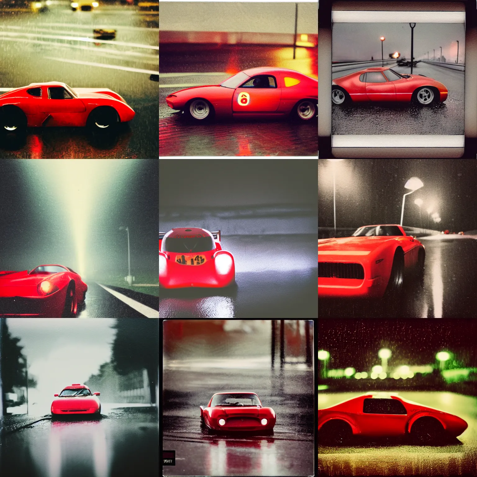 Prompt: Polaroid shot of red race car under street light, rainy day, nighttime