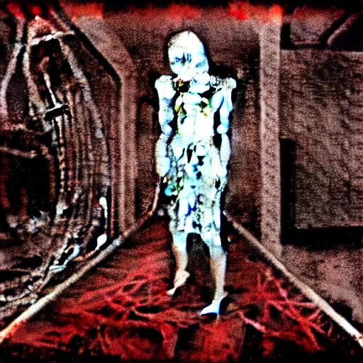 Prompt: Creepy female-ghost surrounded by cables in dirty motel room, red devil carpet | cyanotype 50's scratched photo | Aesthetics of Silent Hill 3 game