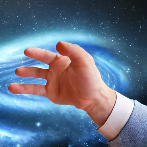 Prompt: male hands trying to stretch a galaxy, high detail of a hand, realistic photo, sci fi