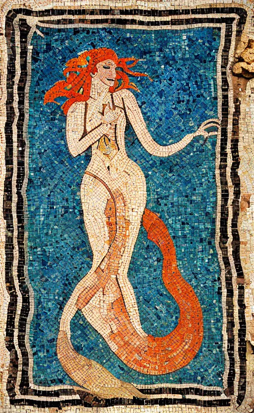 Prompt: ancient roman mosaic of beautiful gingerhead mermaid with long tail, dolphins, fishes stylised, symmetrical, minimal, octane, dynamic light