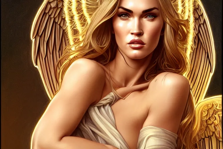 Image similar to portrait of megan fox as an blonde angel, wings, intricate, headshot, highly detailed, digital painting, artstation, concept art, sharp focus, cinematic lighting, illustration, art by artgerm and greg rutkowski, alphonse mucha, cgsociety