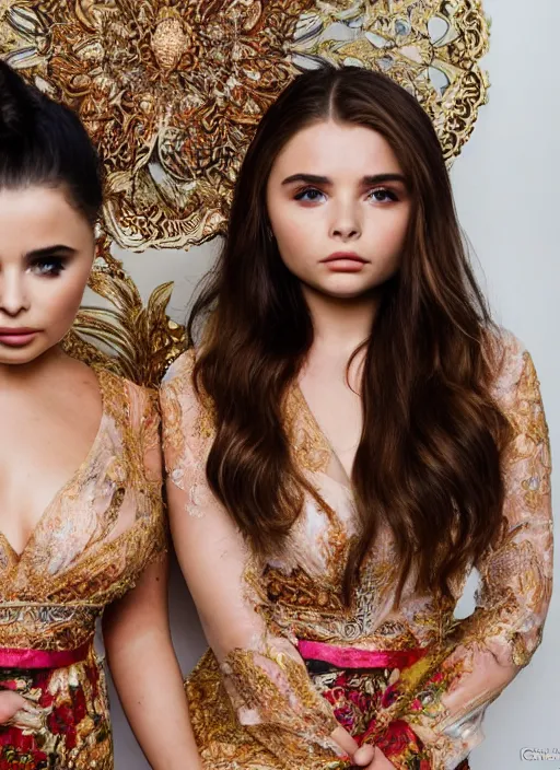 Image similar to portrait of demi rose and charlie grace moretz wearing kebaya in jakarta, by charlotte grimm, natural light, detailed face, beautiful features, symmetrical, canon eos c 3 0 0, ƒ 1. 8, 3 5 mm, 8 k, medium - format print, half body shot