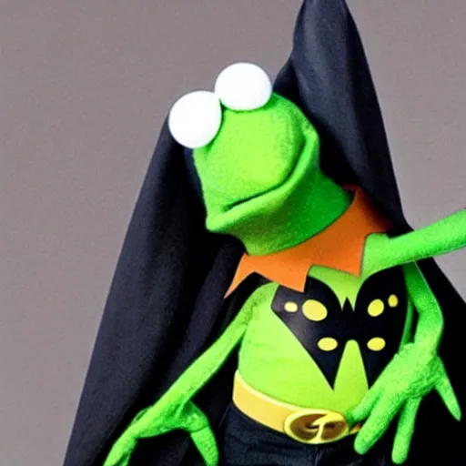 Prompt: kermit the frog dressed as batman