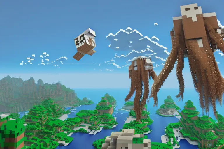 Image similar to giant squids battling in the sky, minecraft, 3 d render cinestill, highly detailed, 4 k