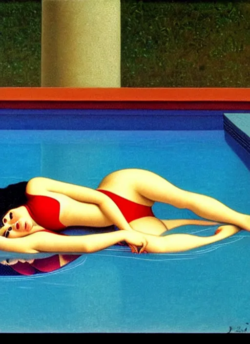 Image similar to portrait of a girl, in retro swimsuit, lying by the pool, minimalist oil painting by john godward, flat colors, beautiful lightning, sharp