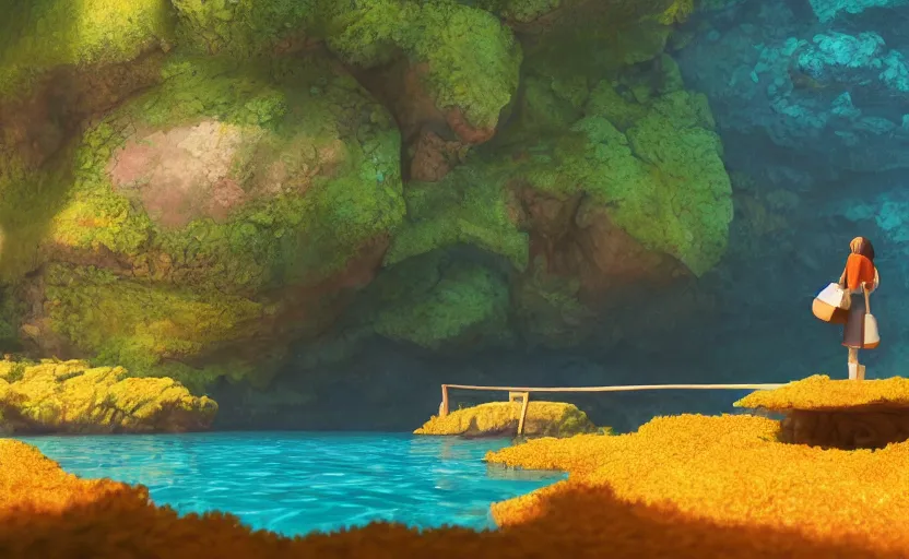 Prompt: a cave lake with some big orange fish inside, studio ghibli, pixar style, octane render, unreal engine 5, path traced, highly detailed, high quality, 8 k, soft lighting, godrays, complementary colors, natural lighting, water parallax, serene landscape, beautiful, elegant, digital painting