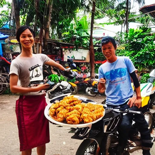 Image similar to “ selling fried chicken and sticky rice from a motorbike in thailand. ”