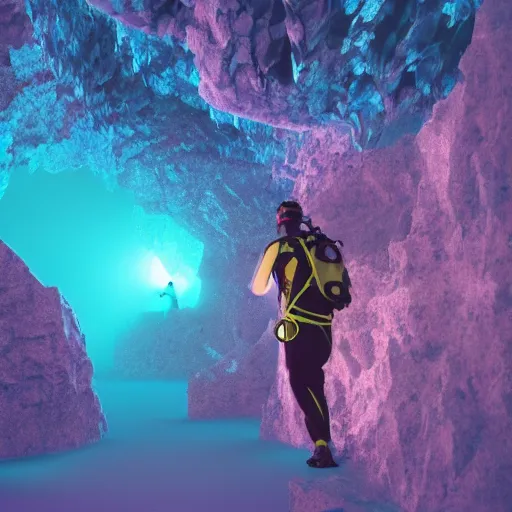 Prompt: divers with headtorch exploring a mystical crystal cave, realistic, octane render