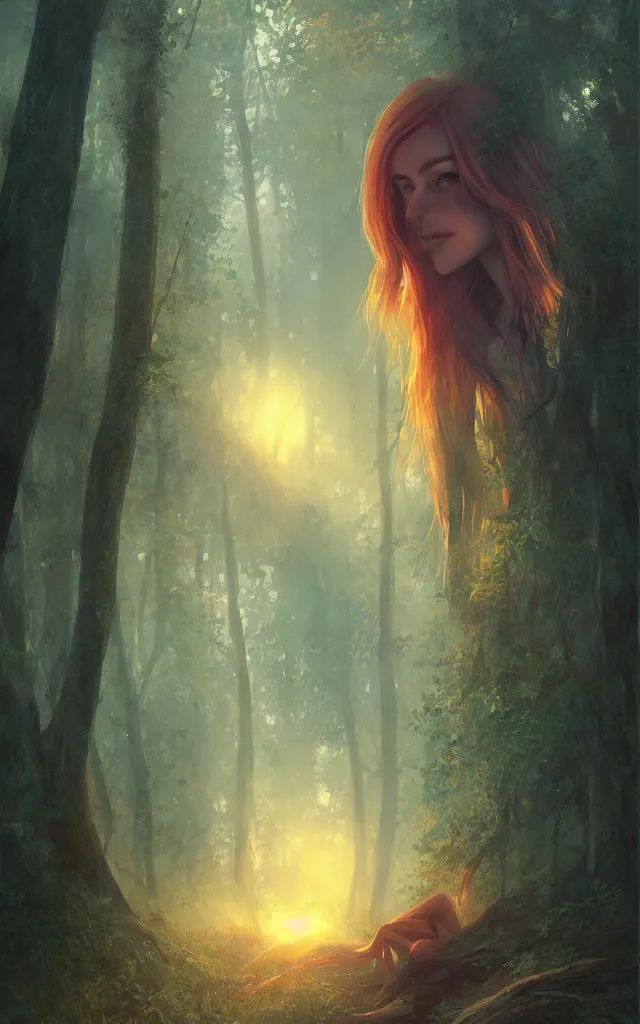 Prompt: sunset in the forest, by charlie bowater