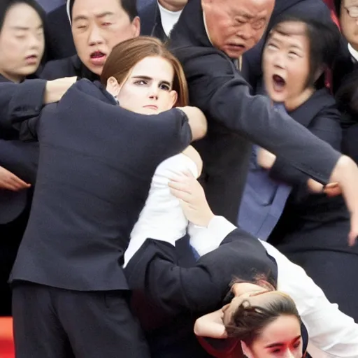 Image similar to angry emma watson putting xi jinping in a headlock as security agents close in, ap news