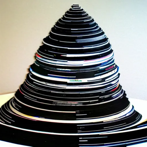 Prompt: tower of babel reaching up to heaven but it is made from 12 inch vinyl LPs