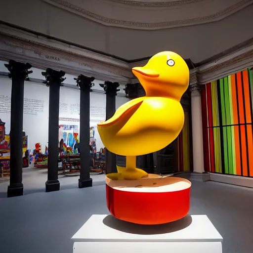 Image similar to wide shot, one photorealistic rubber duck in foreground on a pedestal in an museum gallery, british museum, the walls are covered with colorful geometric wall paintings in the style of sol lewitt, tall arched stone doorways, through the doorways are more wall paintings in the style of sol lewitt.