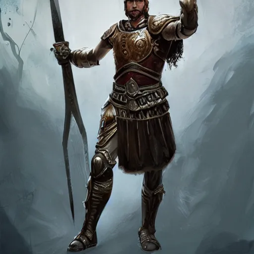 Prompt: portrait of an ancient roman warrior armed with a glowing-white claymore sword D&D, fantasy, elegant, hopeful, cosmic, muscular, highly detailed, digital painting, artstation, concept art, smooth, sharp focus, illustration