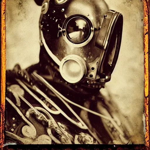 Prompt: tintype photographs of techno shamans, telepaths, dieselpunk cyborgs, masked heroes, irradiated humans, ancient ones, mystic monsters, and monster hunters