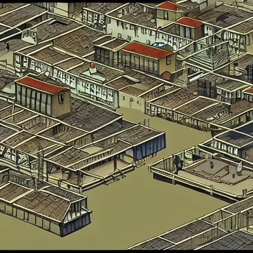 Image similar to japanese fishing town, japanese city, underground city, 2 0 0 1 anime, cel - shading, compact buildings, sepia sunshine