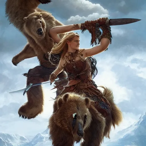 Image similar to viking barbarian emma watson riding a grizzly bear like a horse wielding a giant axe, fantasy art, hyper detailed, extremely complex, hyper realistic art by artgerm and greg rutkowski and alphonse mucha