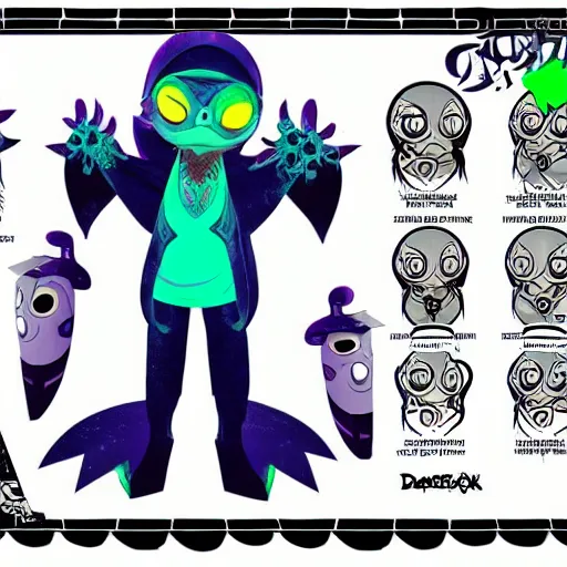 Prompt: official character sheets for a new vampire squid character, artwork in the style of splatoon from nintendo, lineart by tim schafer from double fine studios, black light rave, neon, spray paint, punk, tall thin frame, adult character, fully clothed, colorful