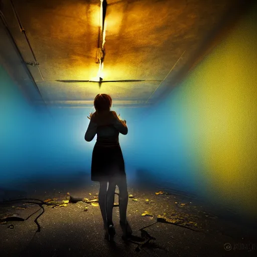 Prompt: woman holding a flashlight running through the interior of an abandoned restaurant, blue and yellow theme, with no windows, tables and chairs, cinematic lighting, night, terrifying, scp 3008, landscape, fog, artstation